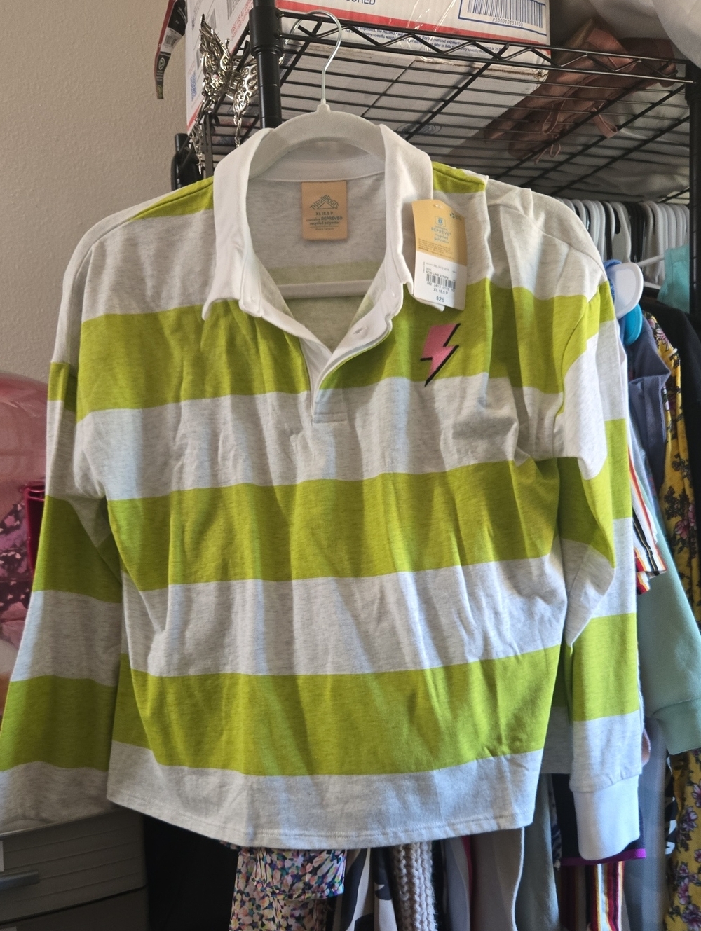 Kids Lime Green & Light Gray Striped Rugby Polo with Pink Bolt - Unbranded